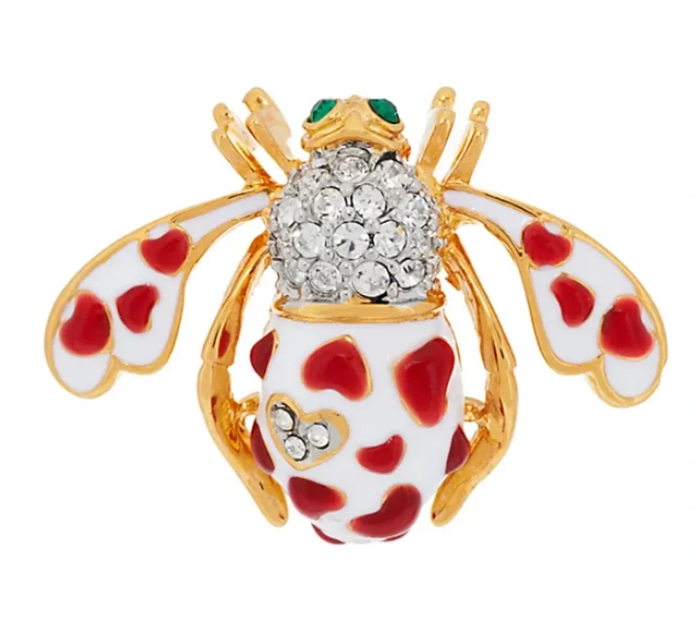 Joan Rivers Bee Pin Brooch Lots Of Love Crystal Red Hearts White Enameled Gold